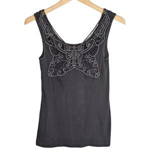 Y2K Allen Schwartz Butterfly Embroidery Tank Top Sz M Black Whimsigoth Witchy